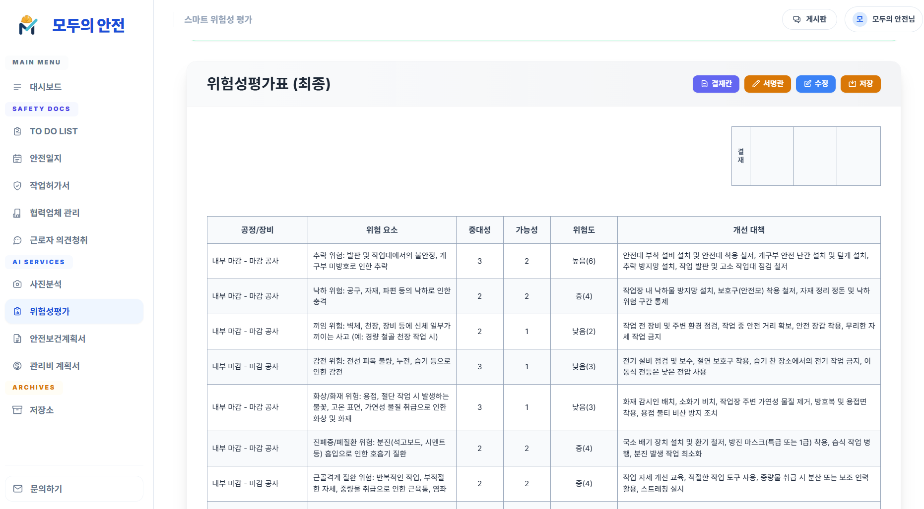 위험성평가표 샘플 프리뷰